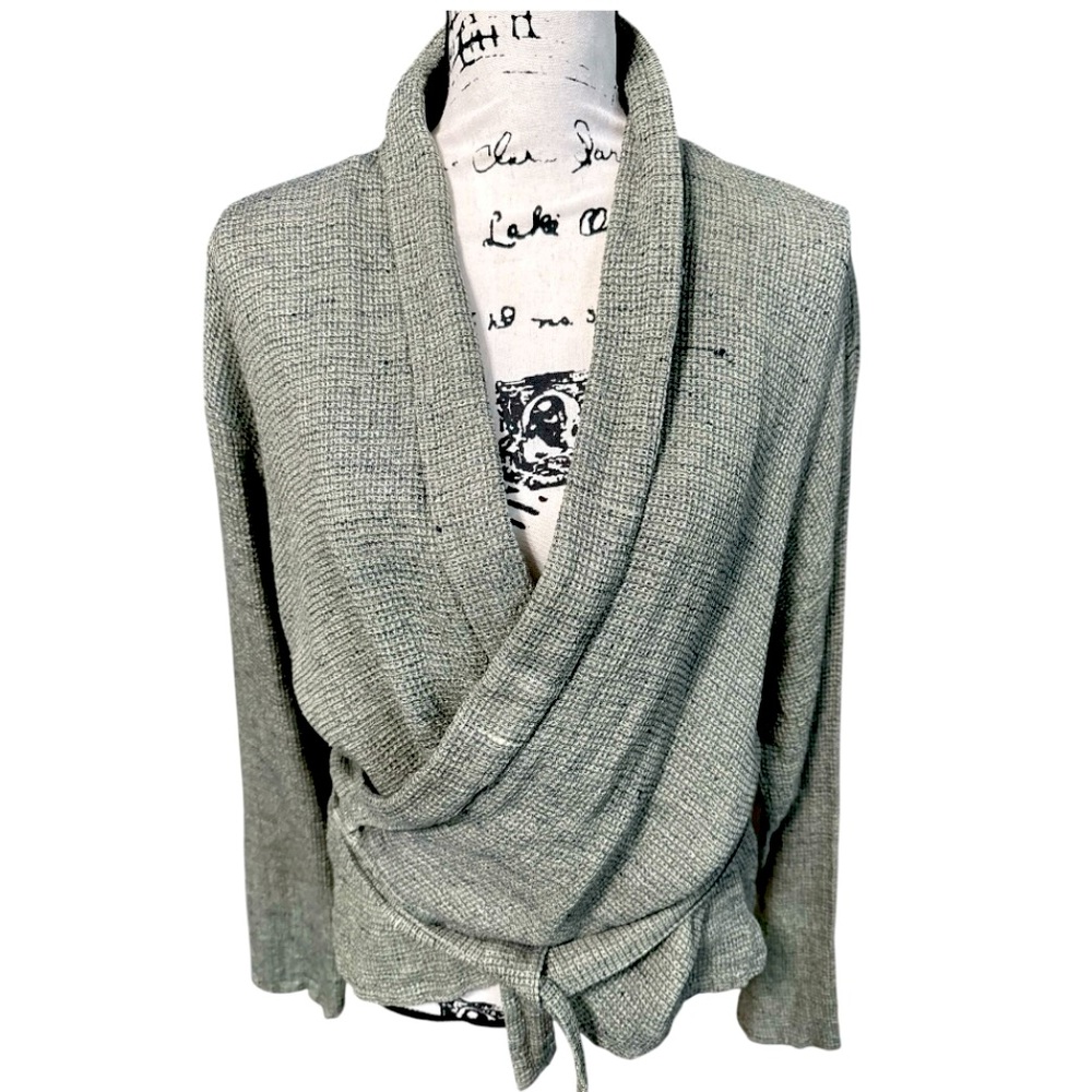 Jeanne Engelhart FLAX Khaki Green Linen Textured Wrap Cardigan Minimalist Size L